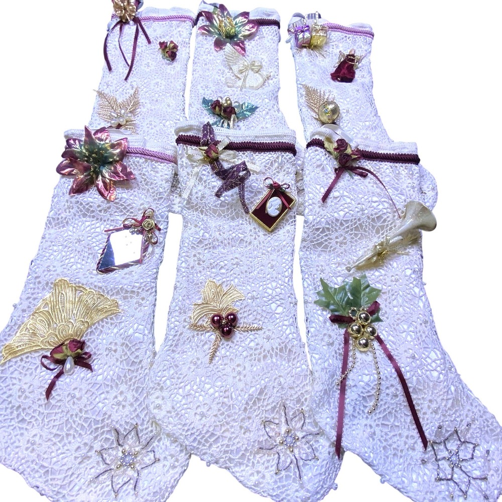 Set of 6 Shabby Chic Victorian VINTAGE LACE‎ ribbon Angel CHRISTMAS STOCKINGS